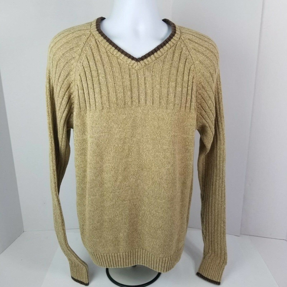 Columbia Mens L V Neck Cotton Sweater Tan Rib knit
